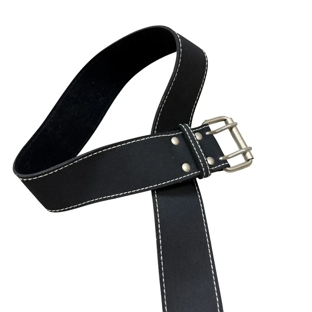 Y2K Black Grunge Contrast Stitch Wide Belt Double Prong Buckle OS